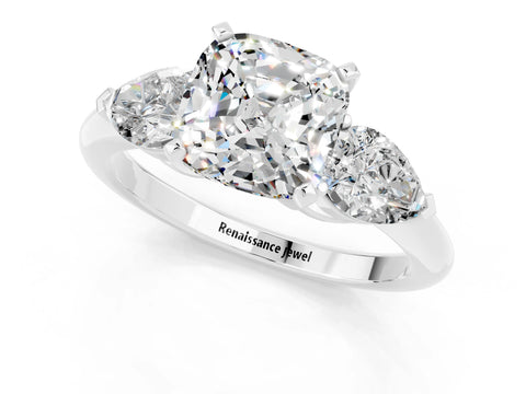 White gold Three-Stone Cushion Cut Moissanite Ring with Pear Side Stones and Four-Prong Setting_1