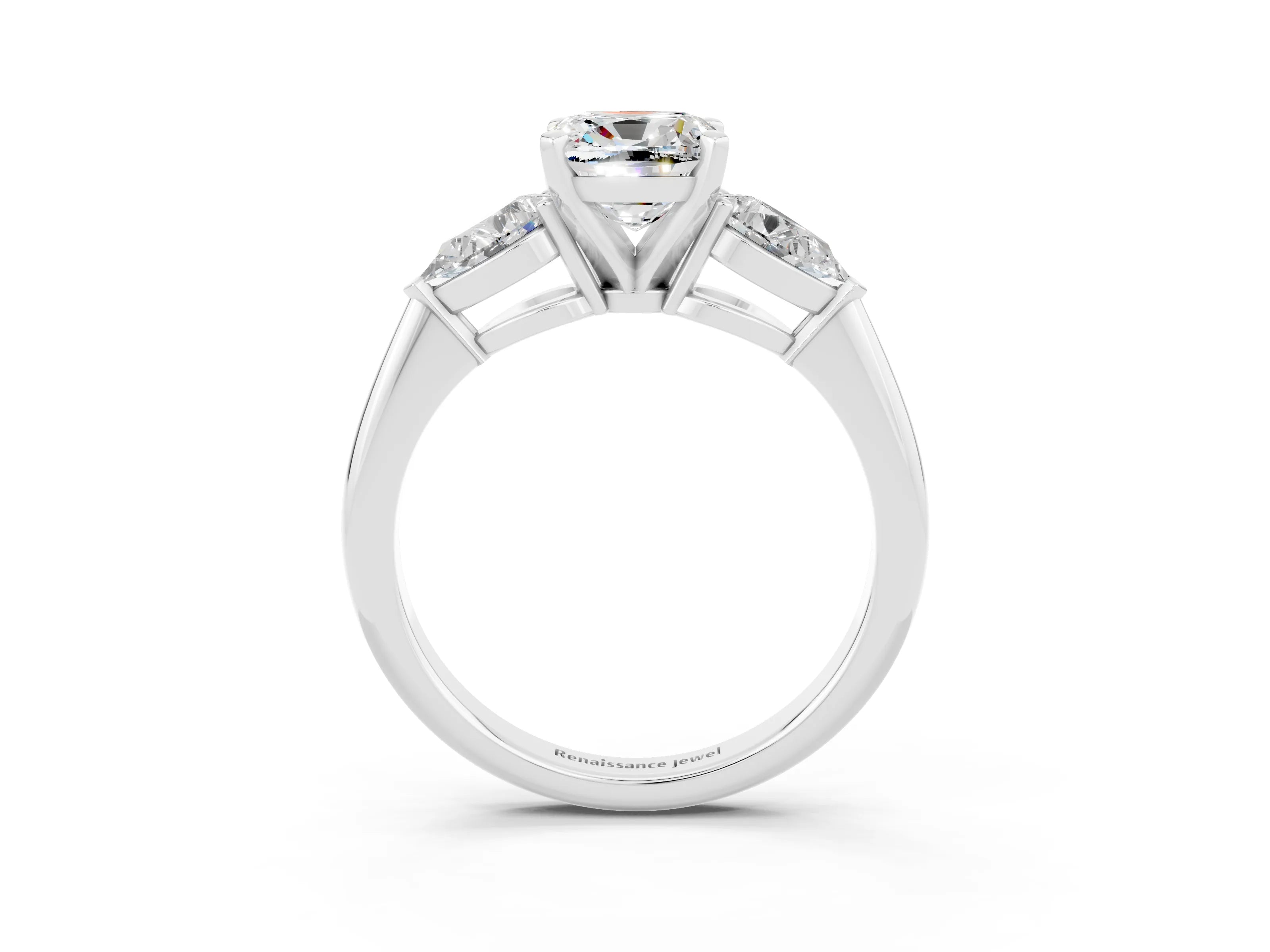 White gold Three-Stone Cushion Cut Moissanite Ring with Pear Side Stones and Four-Prong Setting_3