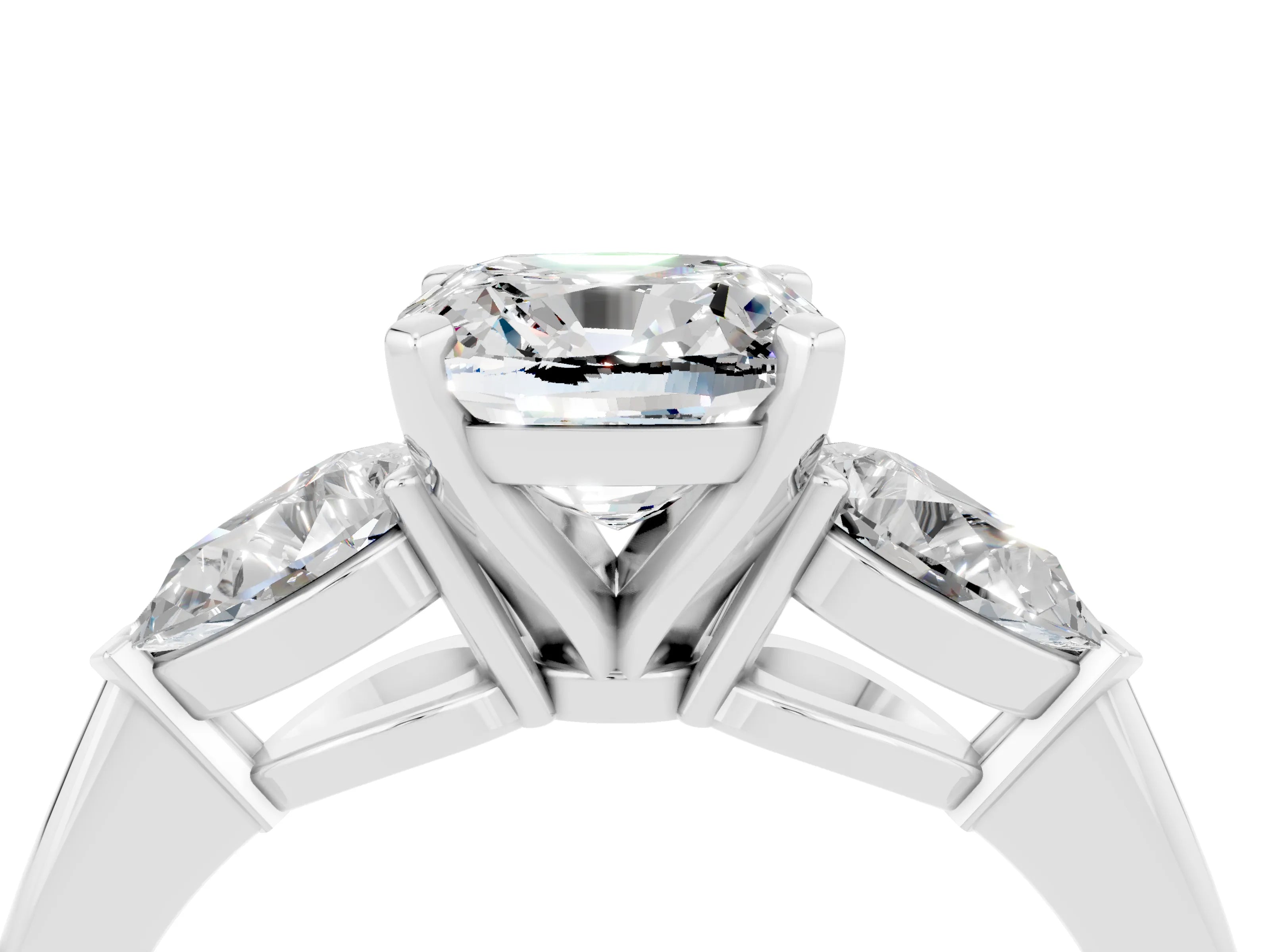 White gold Three-Stone Cushion Cut Moissanite Ring with Pear Side Stones and Four-Prong Setting_4
