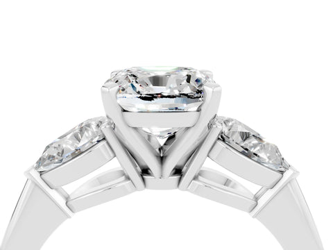 White gold Three-Stone Cushion Cut Moissanite Ring with Pear Side Stones and Four-Prong Setting_4
