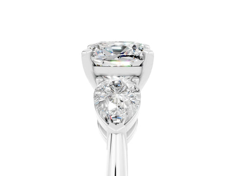 White gold Three-Stone Cushion Cut Moissanite Ring with Pear Side Stones and Four-Prong Setting_5