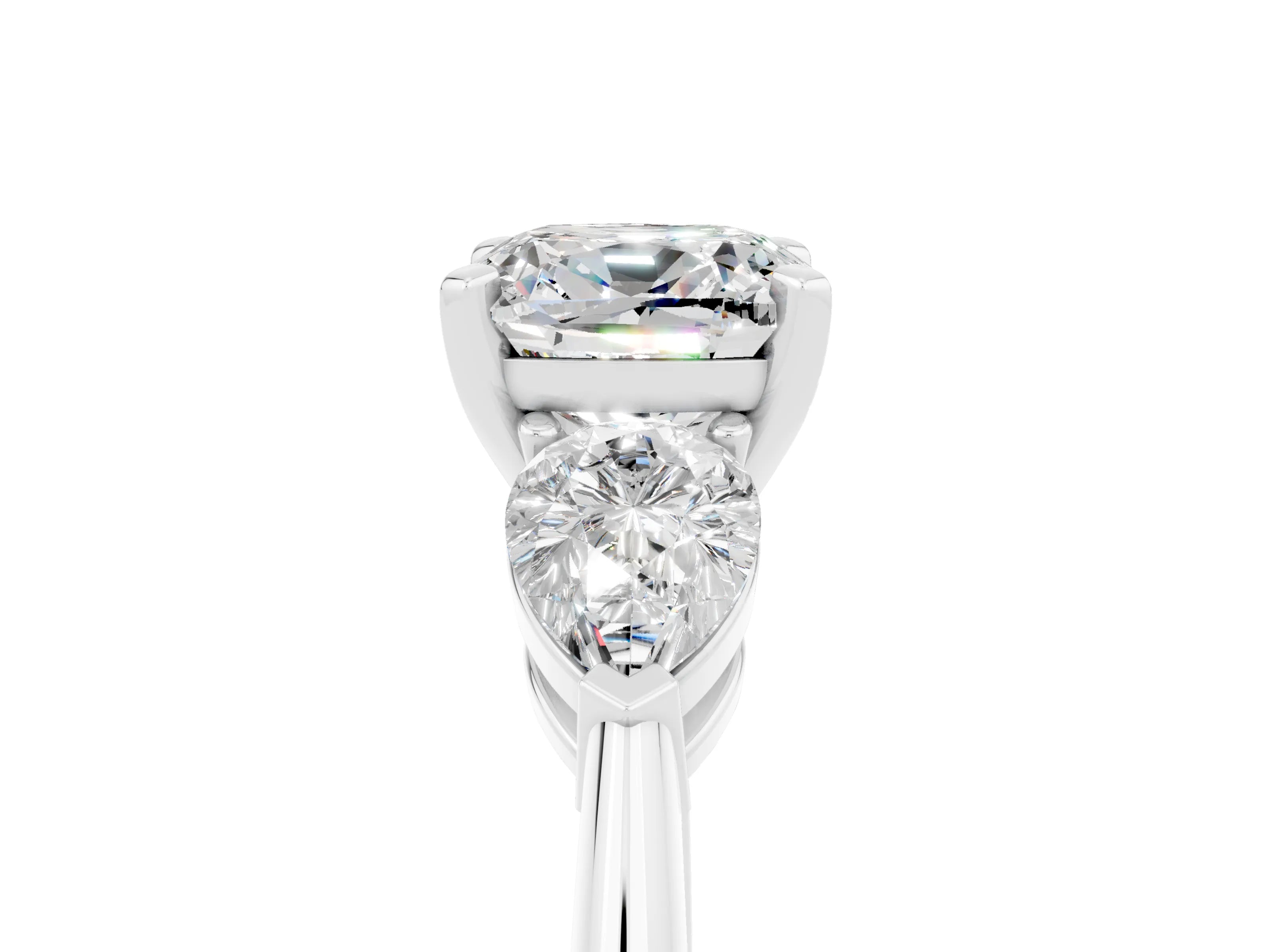 White gold Three-Stone Cushion Cut Moissanite Ring with Pear Side Stones and Four-Prong Setting_5
