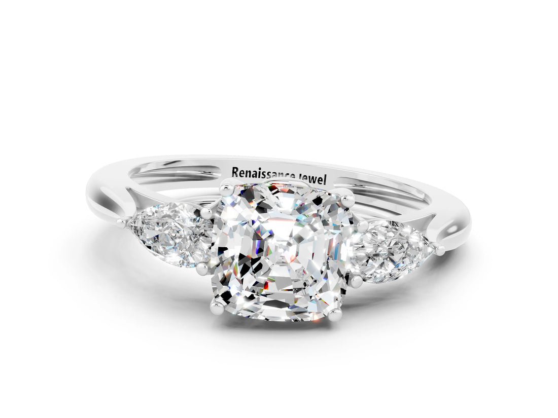 White gold Three-Stone Cushion Cut Moissanite Ring with Pear  Side Stones in Four-Prong Setting_12