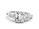 White gold Three-Stone Cushion Cut Moissanite Ring with Pear  Side Stones in Four-Prong Setting_12