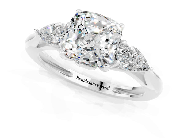 White gold Three-Stone Cushion Cut Moissanite Ring with Pear  Side Stones in Four-Prong Setting