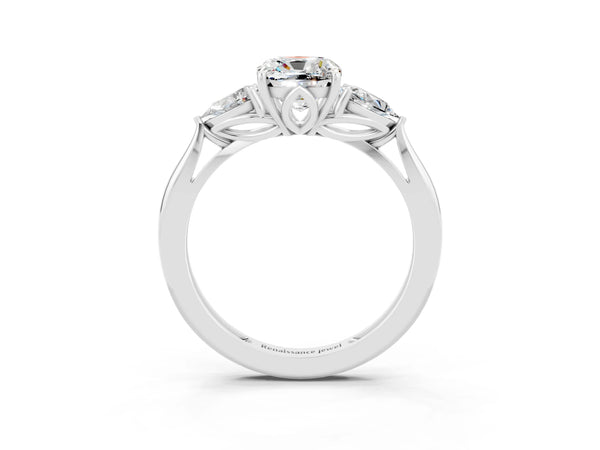 Platinum Three-Stone Cushion Cut Moissanite Ring with Pear  Side Stones in Four-Prong Setting