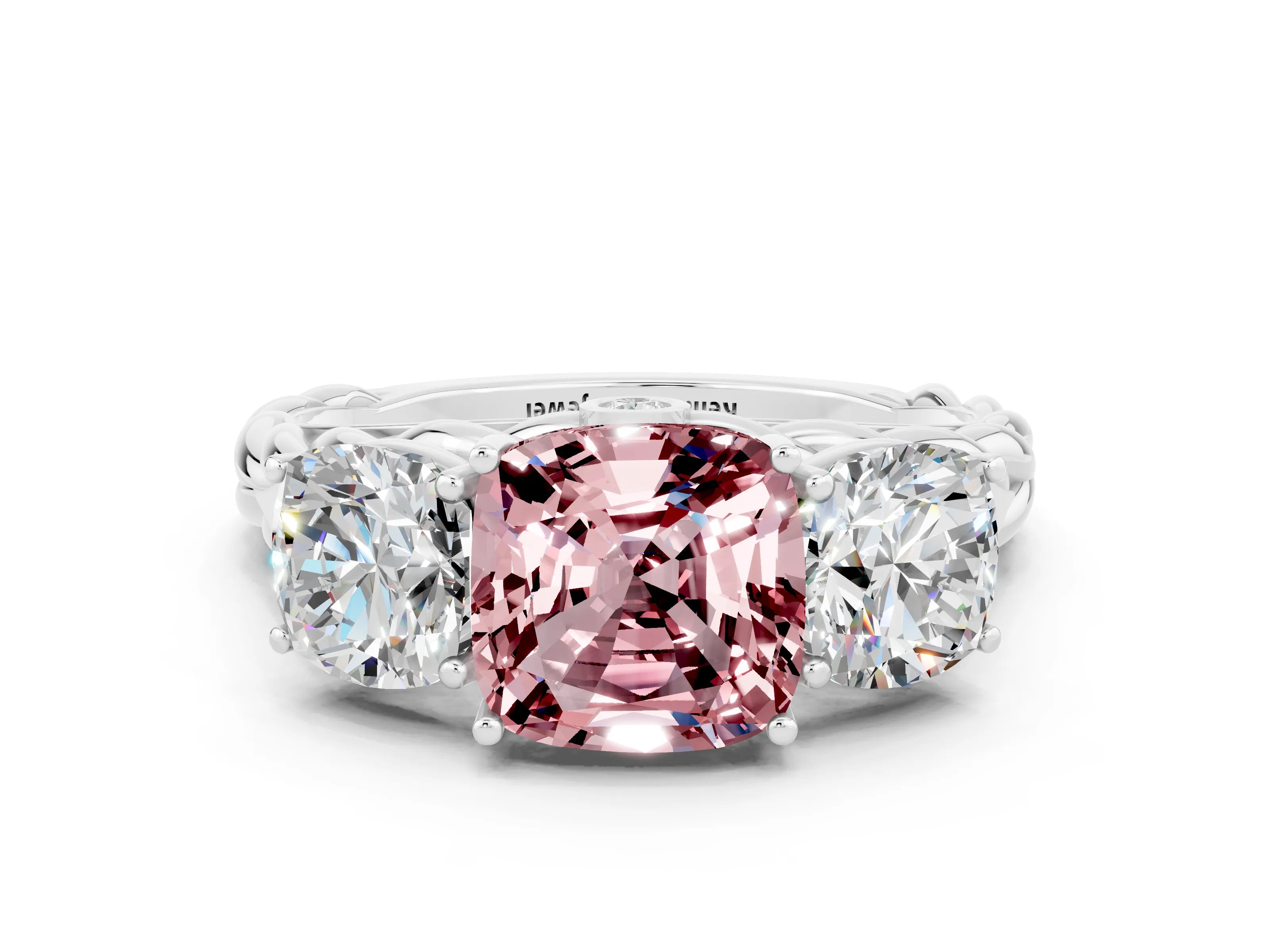 White gold Three-Stone Cushion Cut Morganite Braided Band Ring with Four-Prong Setting_12