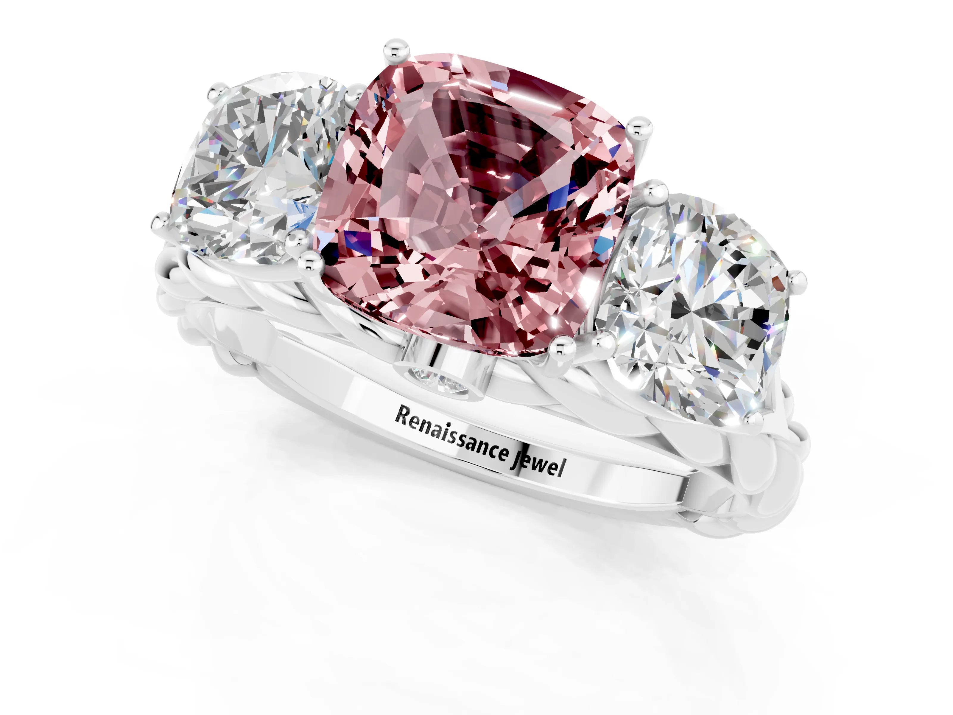 White gold Three-Stone Cushion Cut Morganite Braided Band Ring with Four-Prong Setting_13