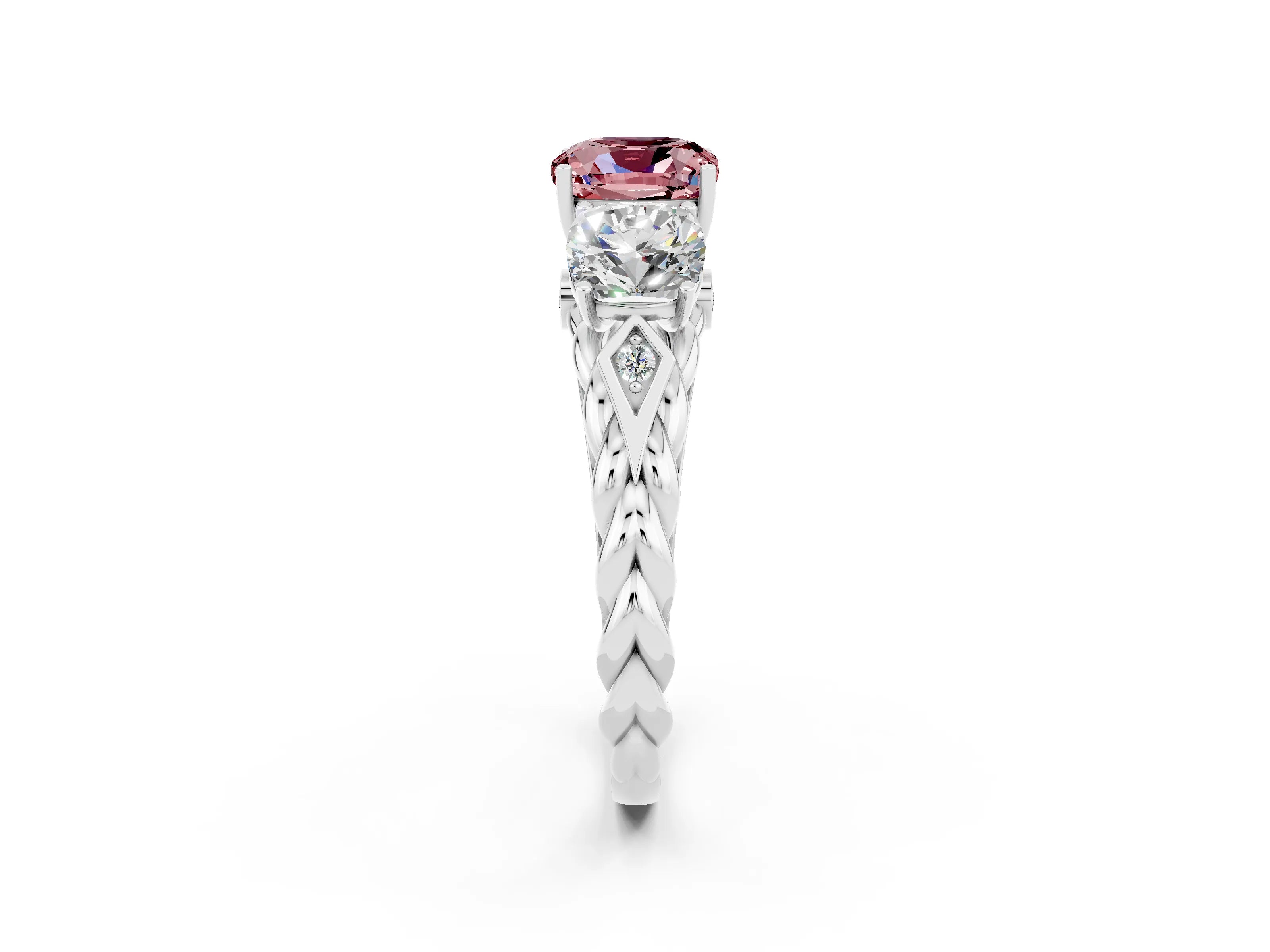 White gold Three-Stone Cushion Cut Morganite Braided Band Ring with Four-Prong Setting_14