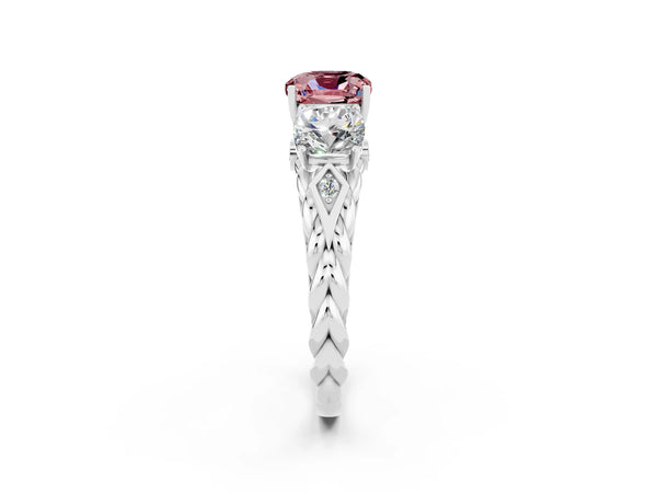 Silver Three-Stone Cushion Cut Morganite Braided Band Ring with Four-Prong Setting