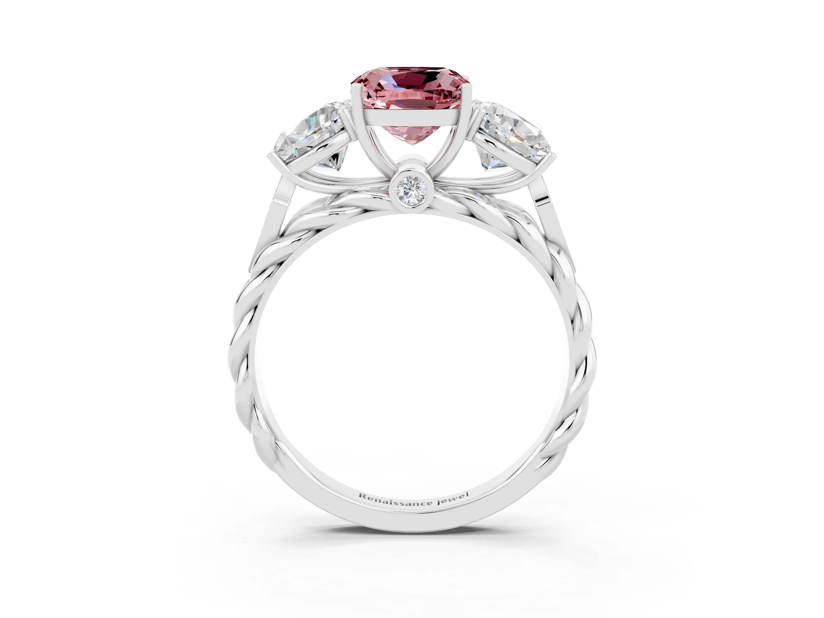 White gold Three-Stone Cushion Cut Morganite Braided Band Ring with Four-Prong Setting_15