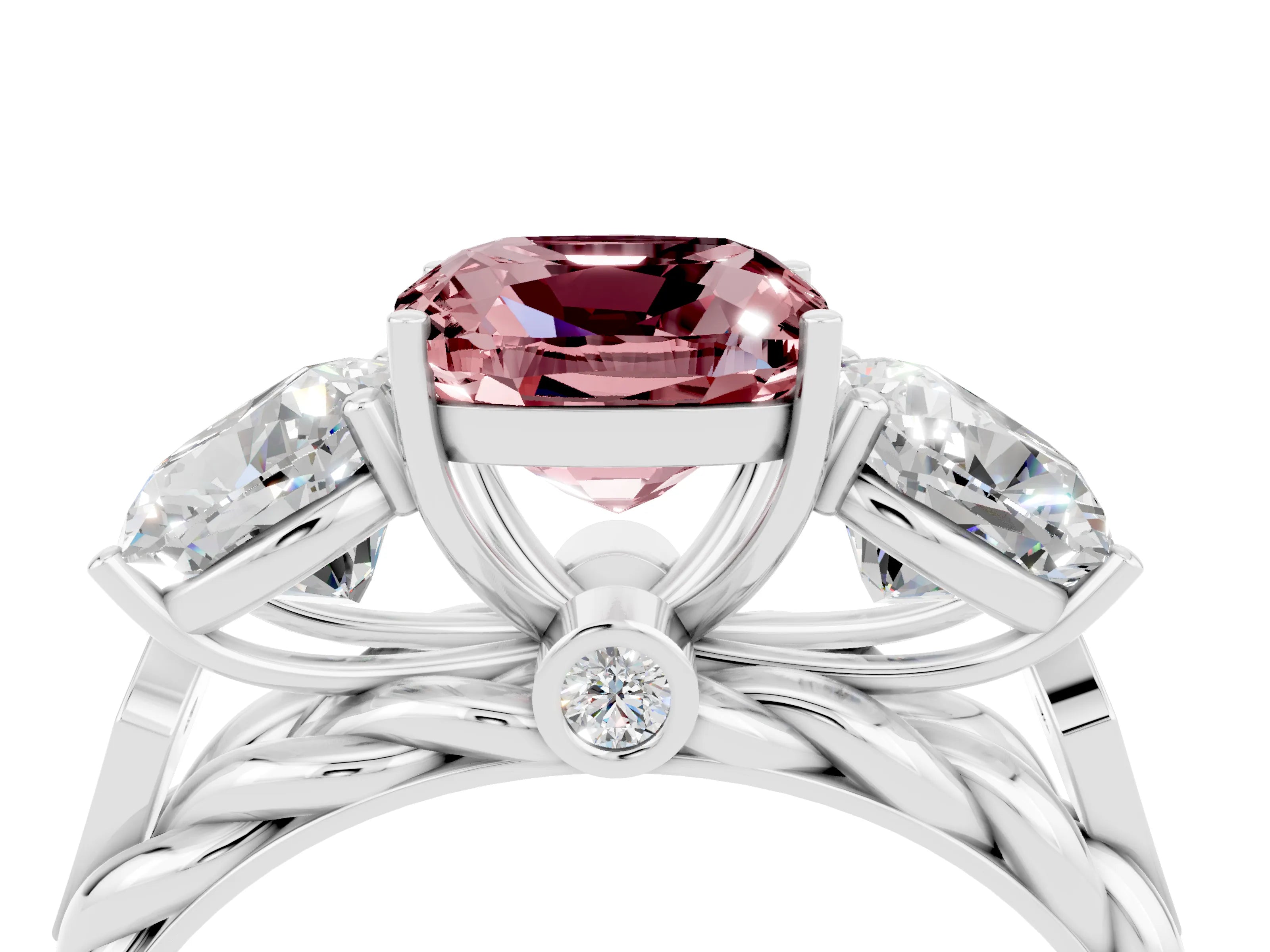 White gold Three-Stone Cushion Cut Morganite Braided Band Ring with Four-Prong Setting_16