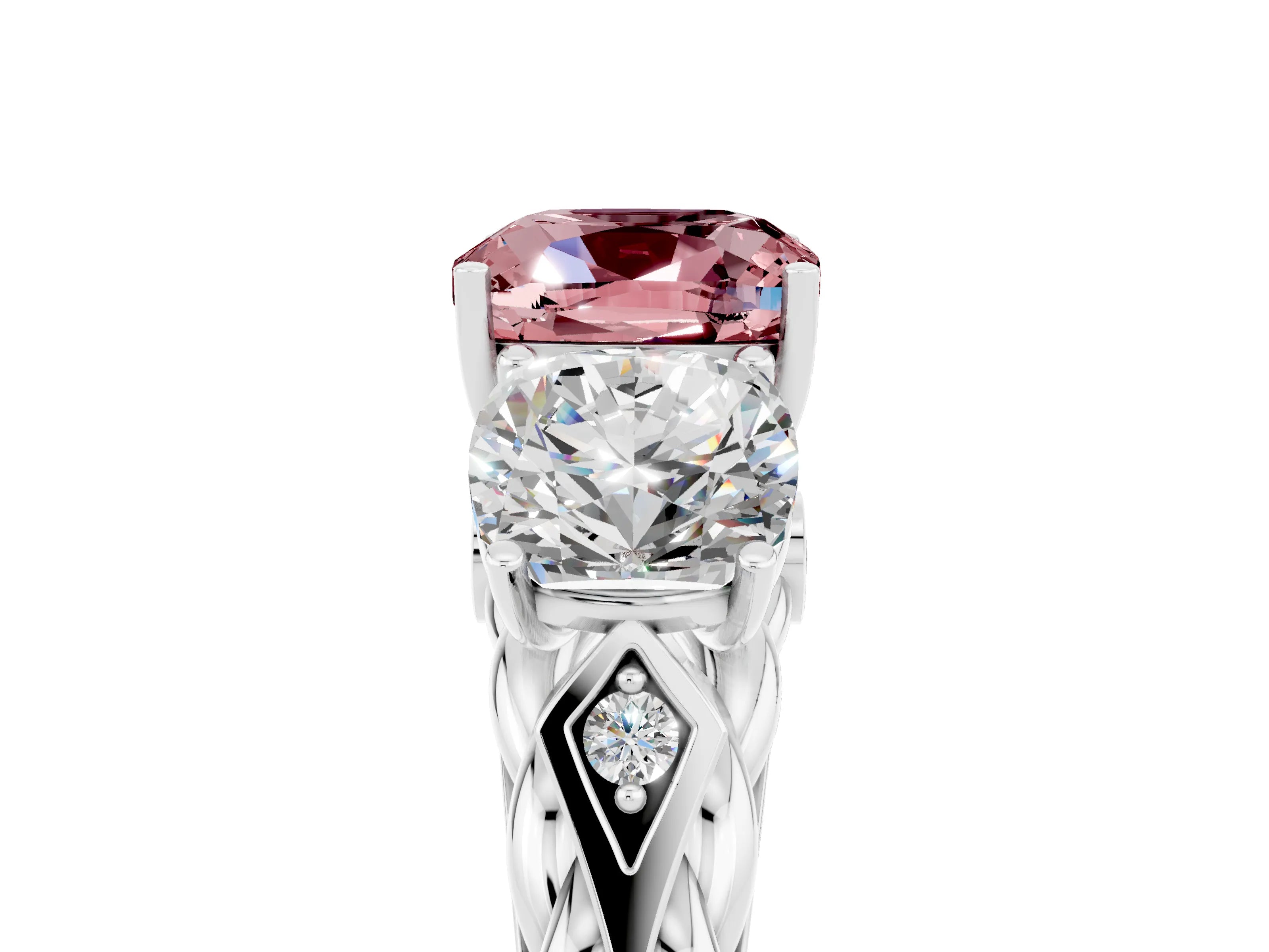 White gold Three-Stone Cushion Cut Morganite Braided Band Ring with Four-Prong Setting_17