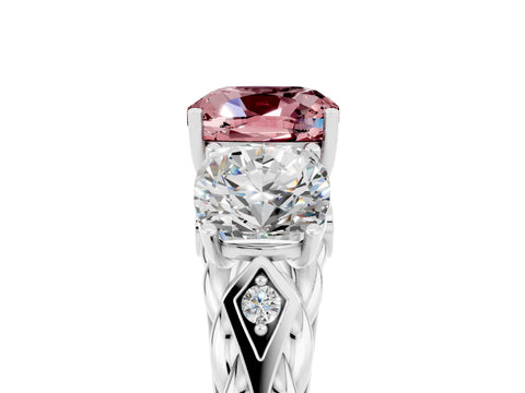 White gold Three-Stone Cushion Cut Morganite Braided Band Ring with Four-Prong Setting_17