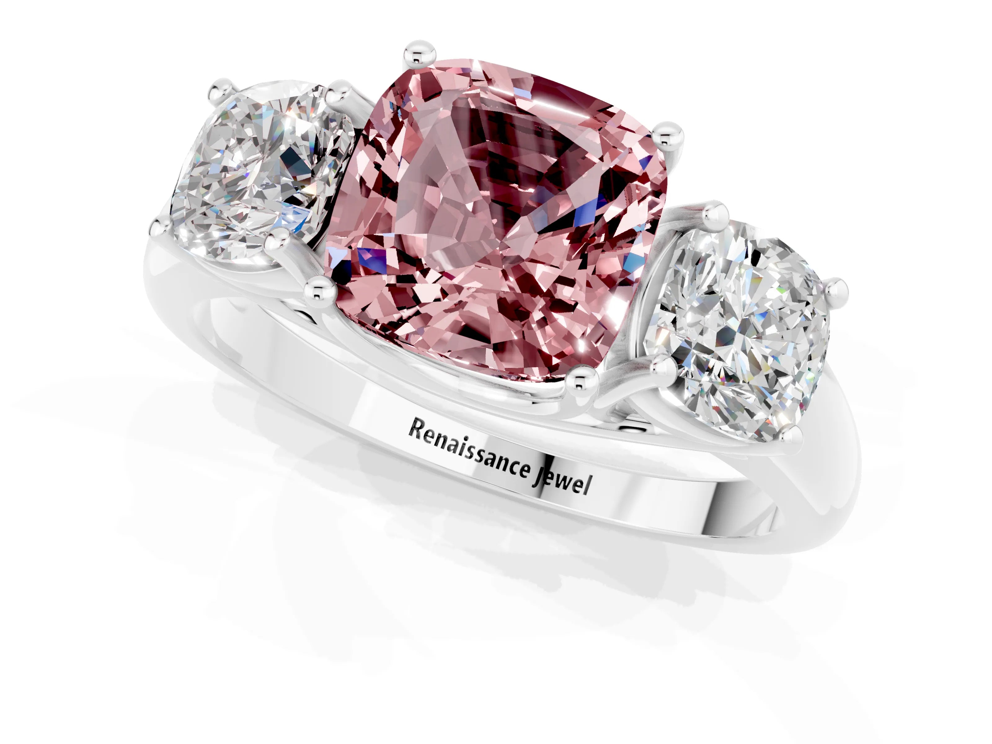 White gold Three-Stone Cushion Cut Morganite Engagement Ring with Prong Setting_1