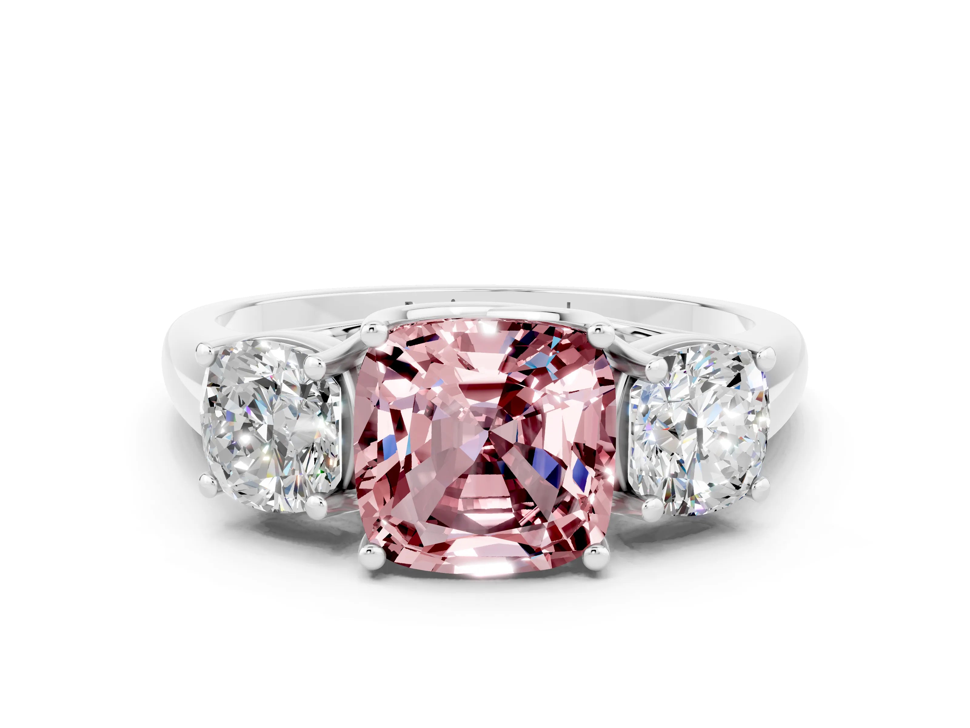 White gold Three-Stone Cushion Cut Morganite Engagement Ring with Prong Setting