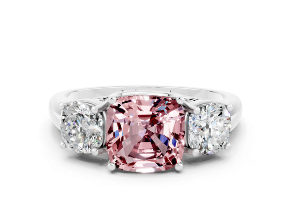 White gold Three-Stone Cushion Cut Morganite Engagement Ring with Prong Setting