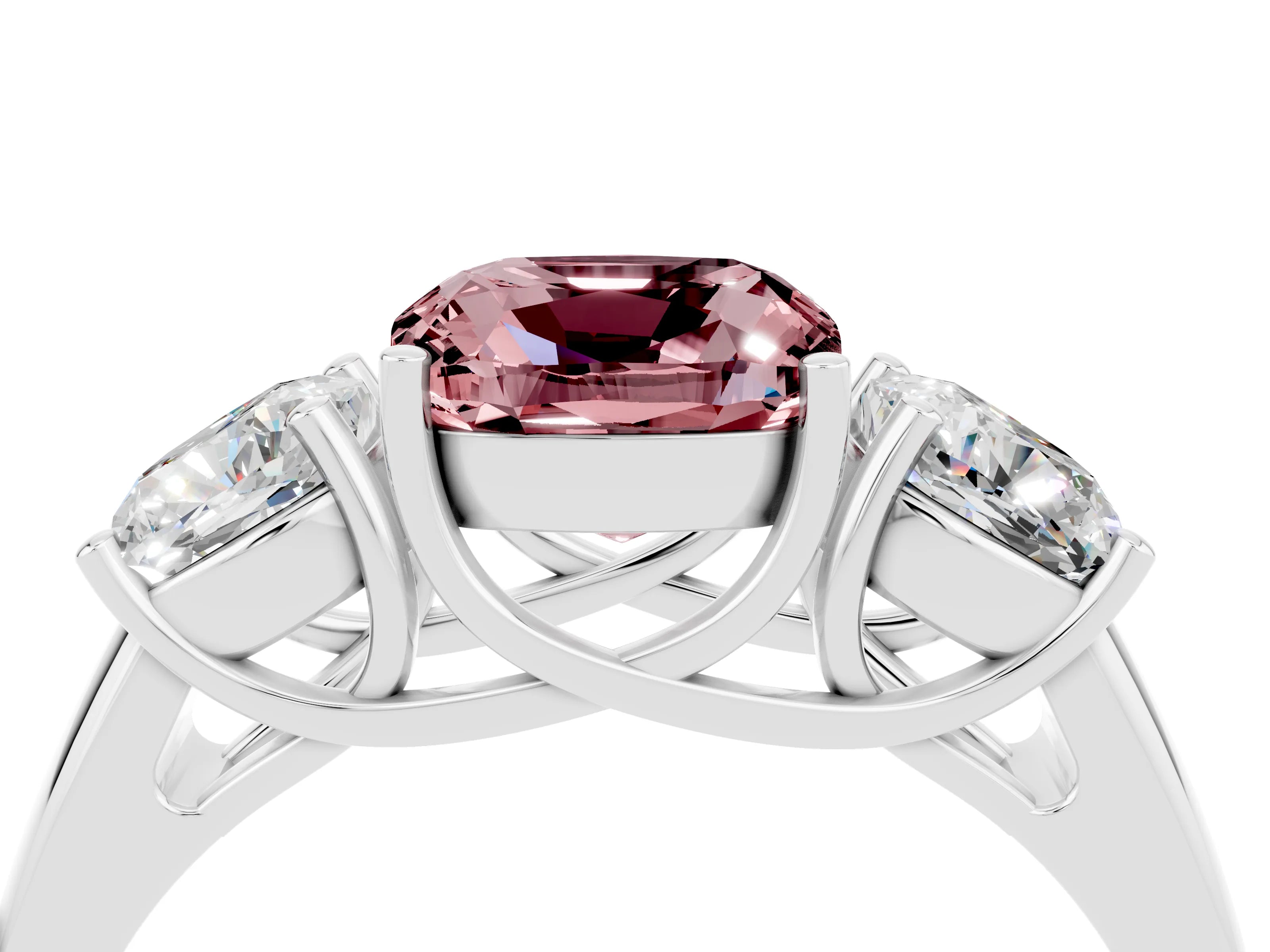 White gold Three-Stone Cushion Cut Morganite Engagement Ring with Prong Setting_4
