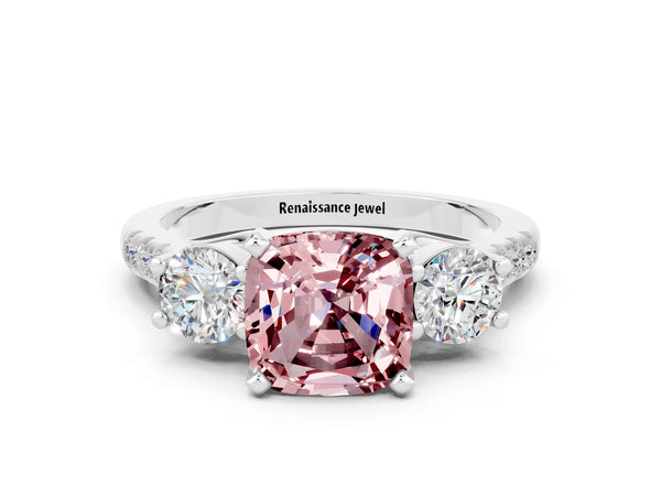 Platinum Three-Stone Cushion Cut Morganite Pavé Band with Four-Prong Setting