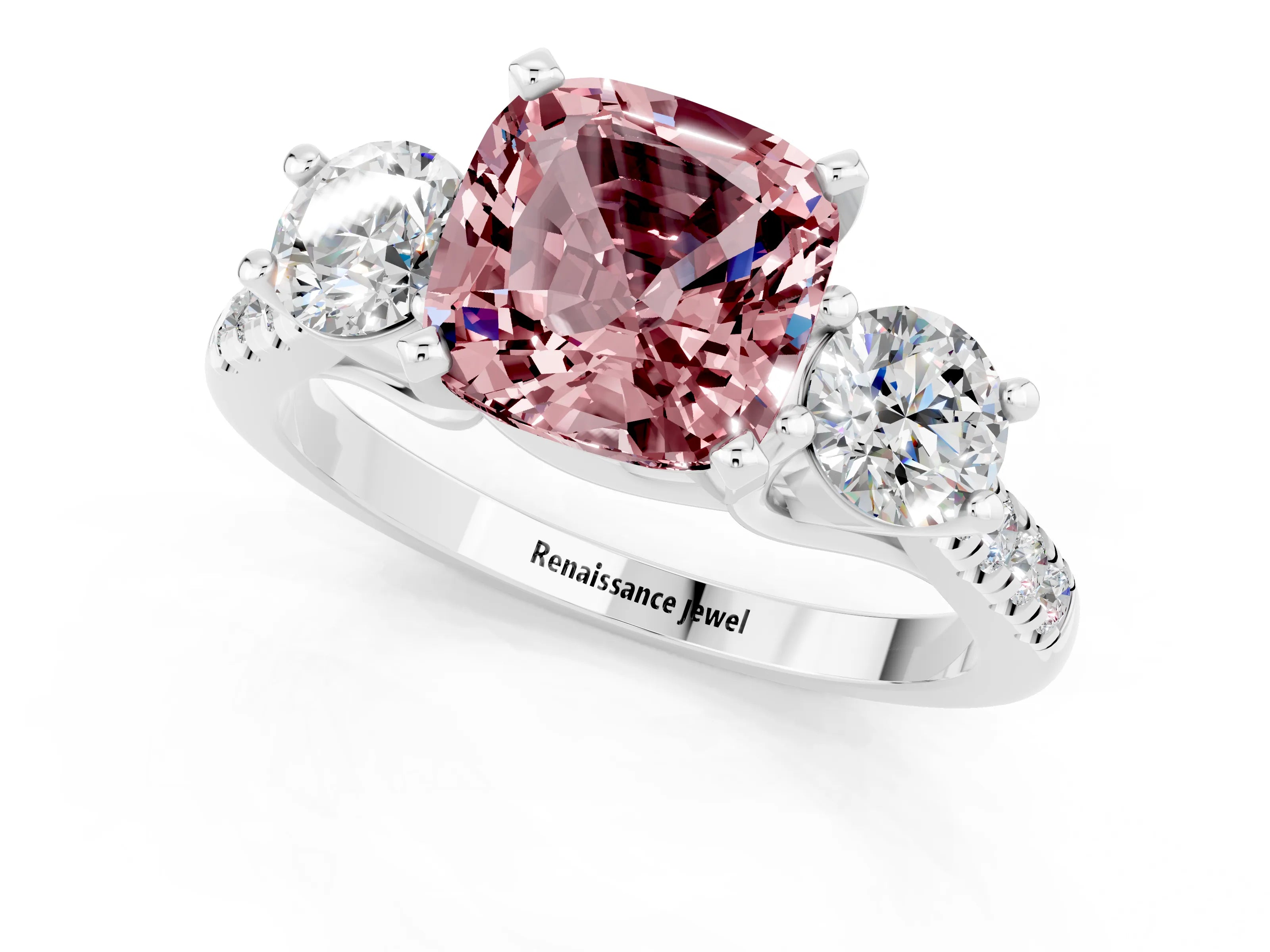 White gold Three-Stone Cushion Cut Morganite Pavé Band with Four-Prong Setting_1