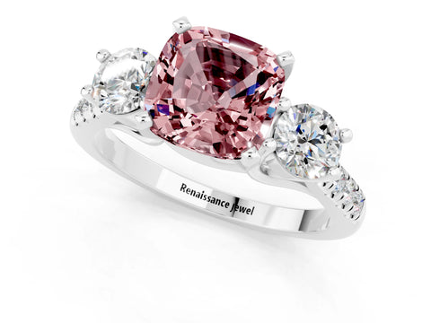 White gold Three-Stone Cushion Cut Morganite Pavé Band with Four-Prong Setting_1