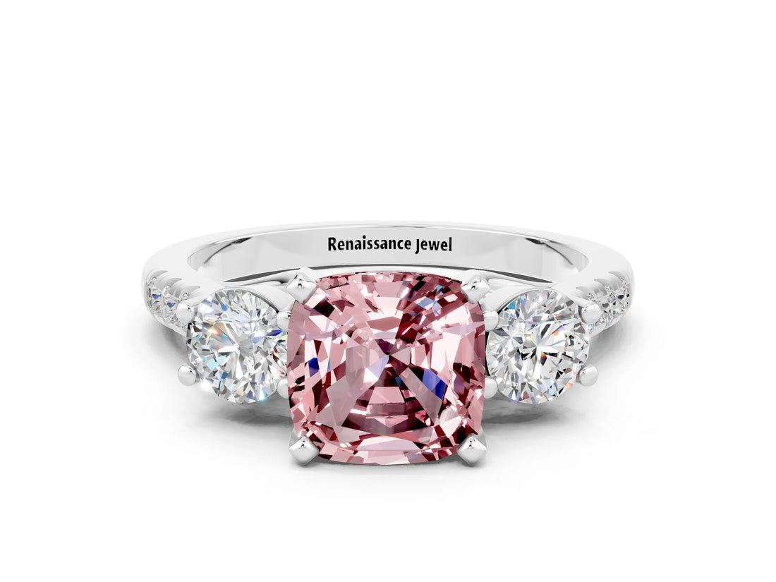 White gold Three-Stone Cushion Cut Morganite Pavé Band with Four-Prong Setting