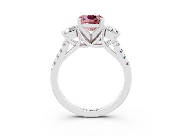 White gold Three-Stone Cushion Cut Morganite Pavé Band with Four-Prong Setting