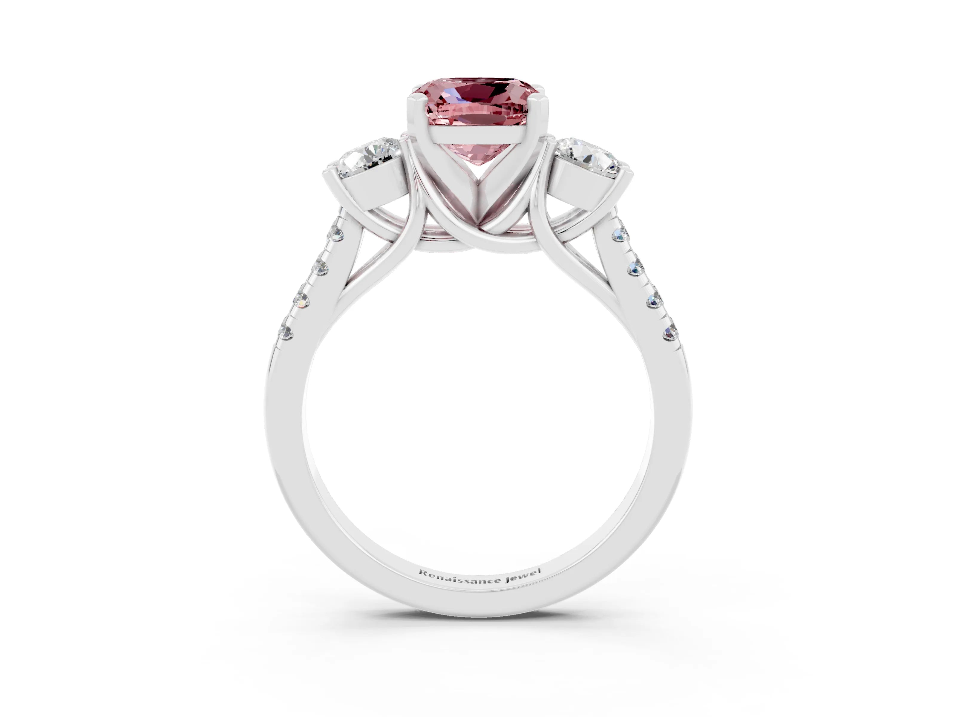 White gold Three-Stone Cushion Cut Morganite Pavé Band with Four-Prong Setting_3