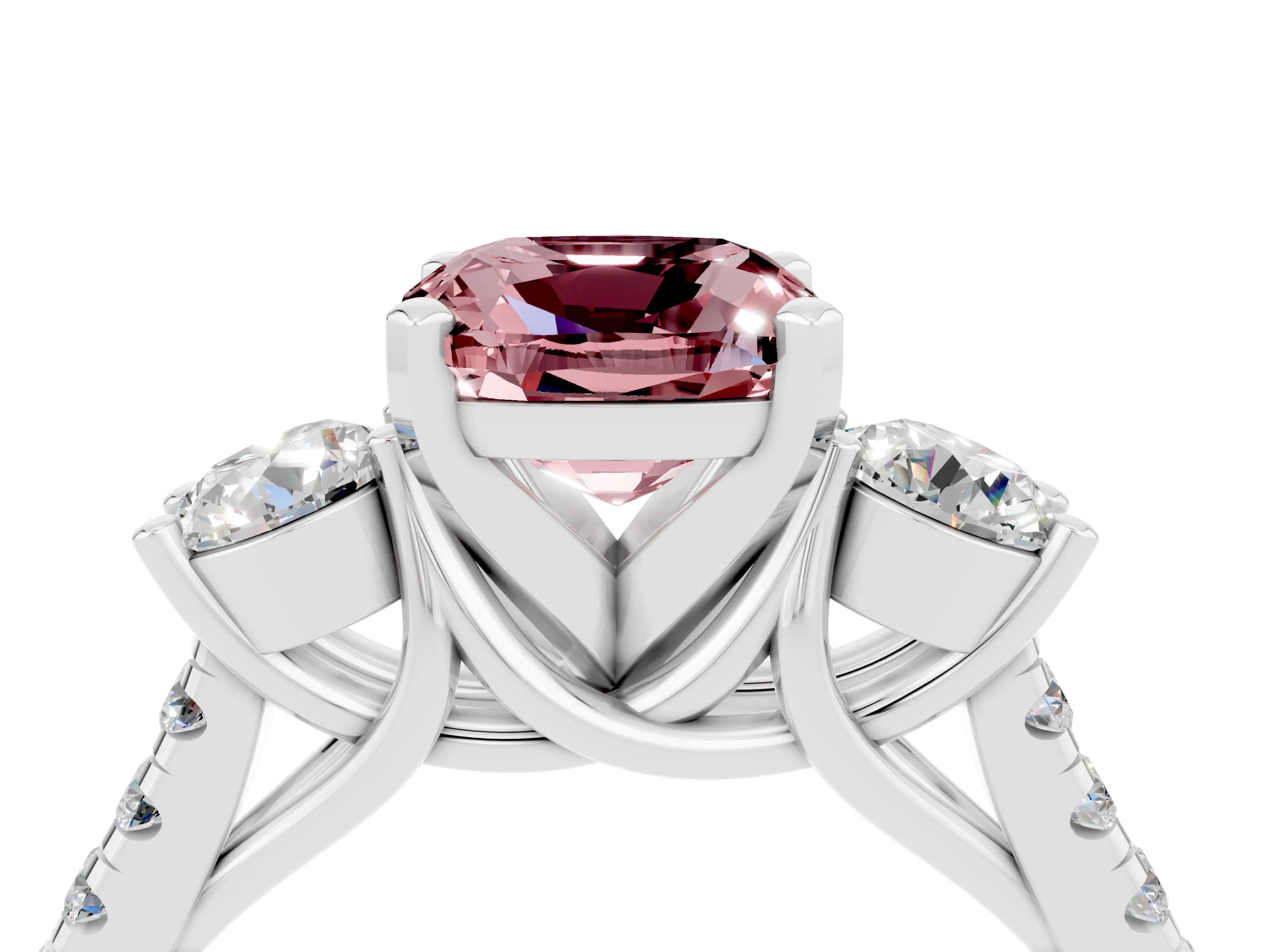 White gold Three-Stone Cushion Cut Morganite Pavé Band with Four-Prong Setting_4
