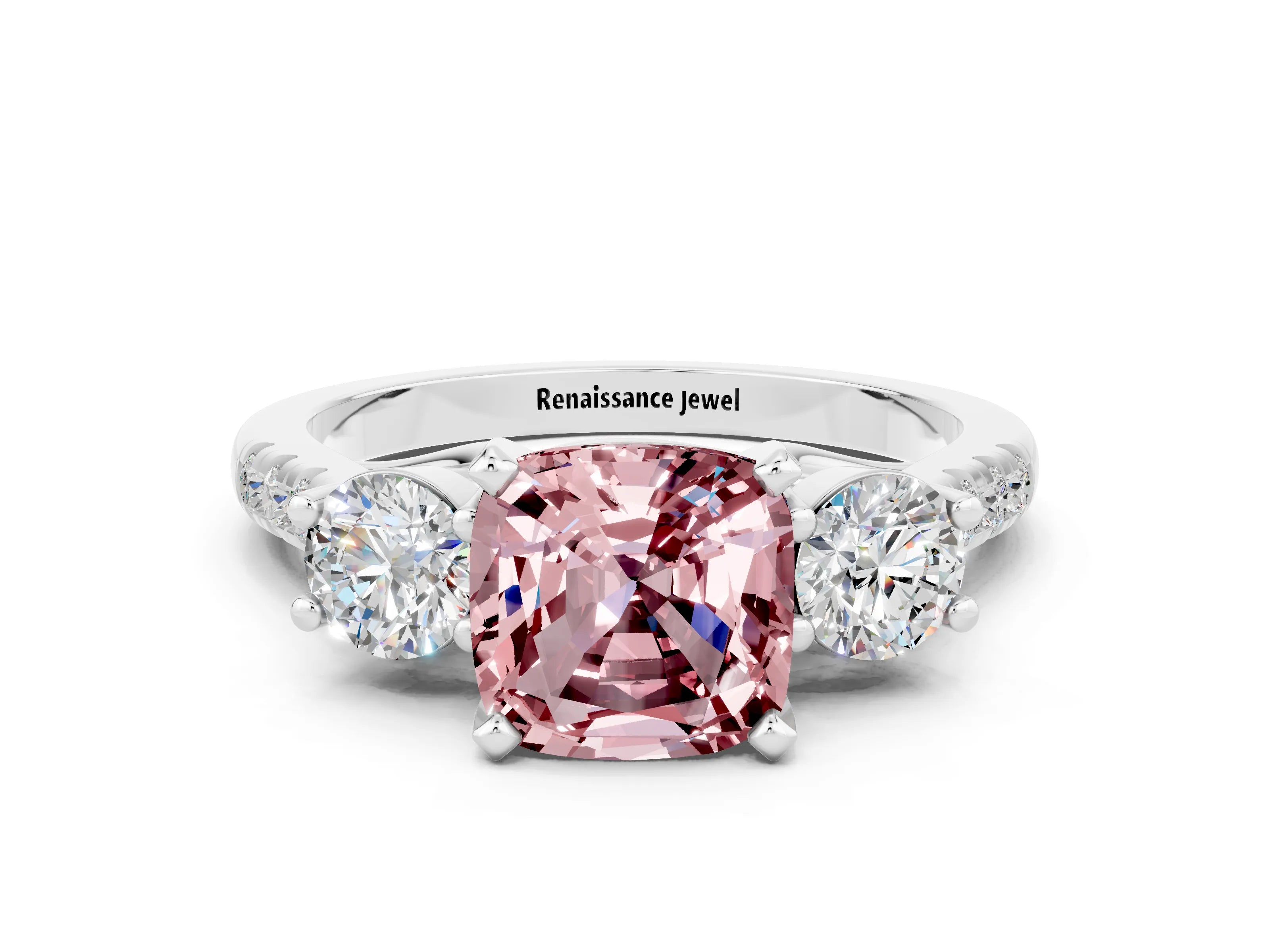 White gold Three-Stone Cushion Cut Morganite Pavé Band with Four-Prong Setting