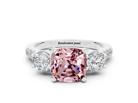 White gold Three-Stone Cushion Cut Morganite Pavé Band with Four-Prong Setting