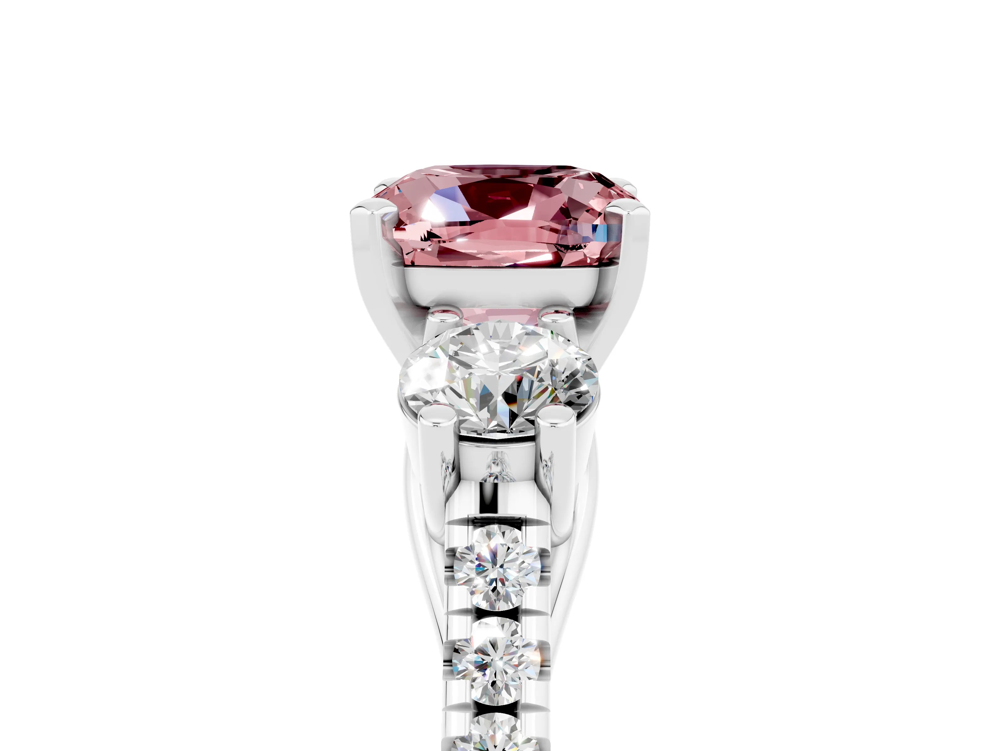 White gold Three-Stone Cushion Cut Morganite Pavé Band with Four-Prong Setting_5