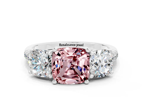 White gold Three-Stone Cushion Cut Morganite Ring with Pavé Band and Prong Setting_12
