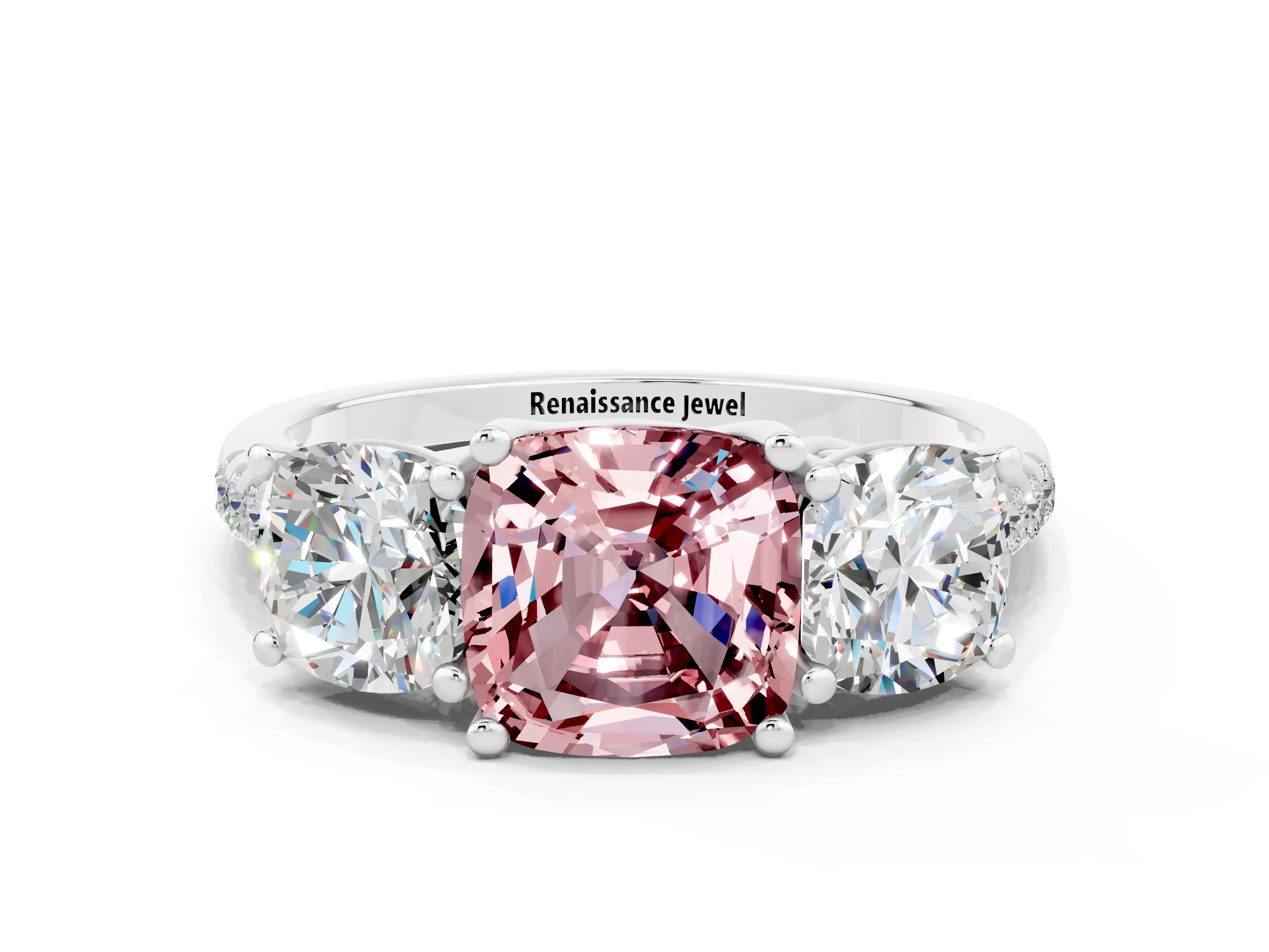 White gold Three-Stone Cushion Cut Morganite Ring with Pavé Band and Prong Setting_12
