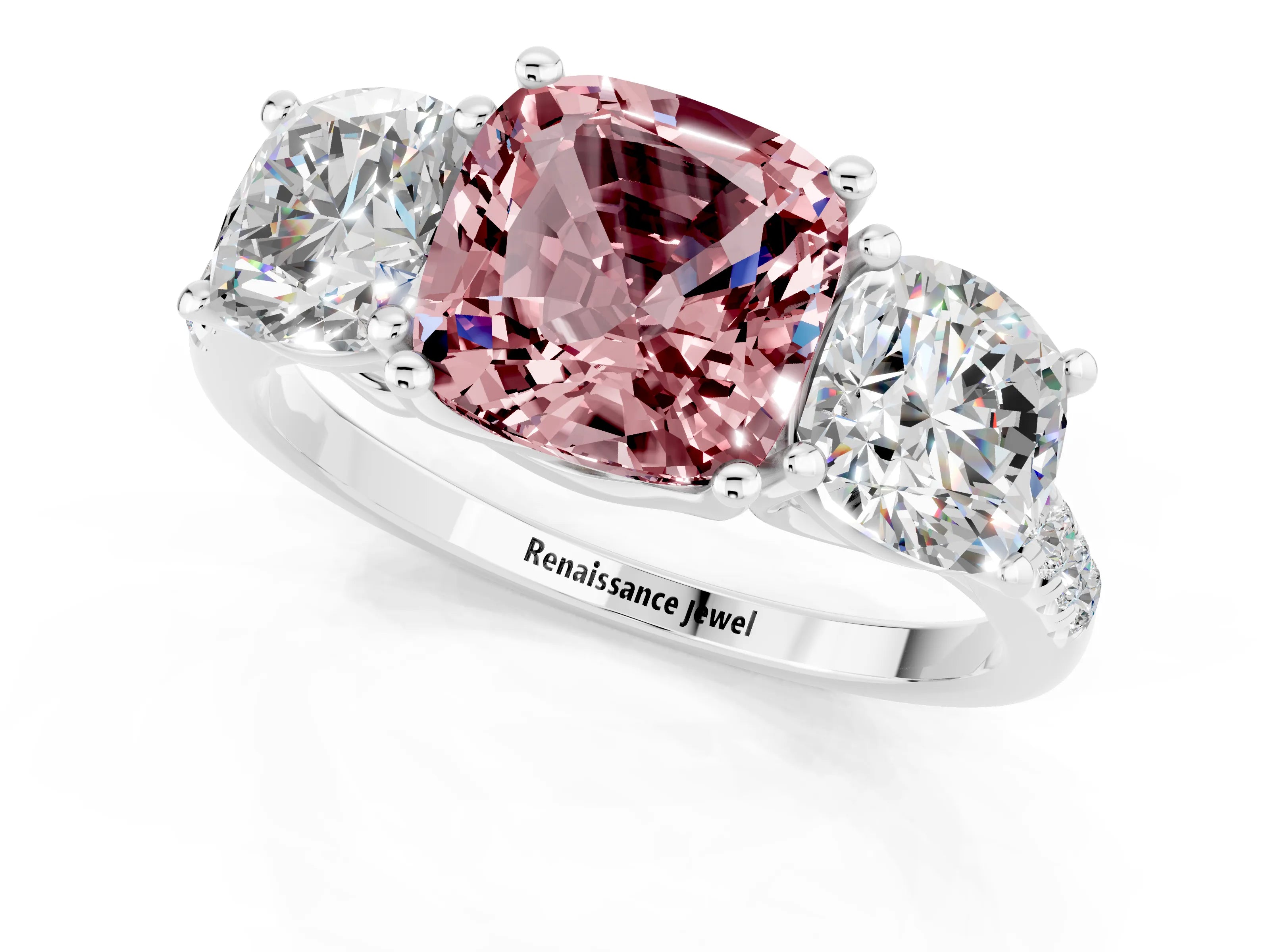 White gold Three-Stone Cushion Cut Morganite Ring with Pavé Band and Prong Setting_13