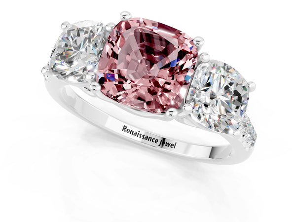 Silver Three-Stone Cushion Cut Morganite Ring with Round  Pavé Band and Prong Setting