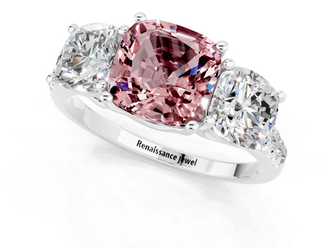 White gold Three-Stone Cushion Cut Morganite Ring with Pavé Band and Prong Setting_13
