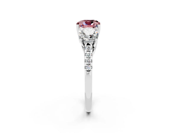 Silver Three-Stone Cushion Cut Morganite Ring with Round  Pavé Band and Prong Setting