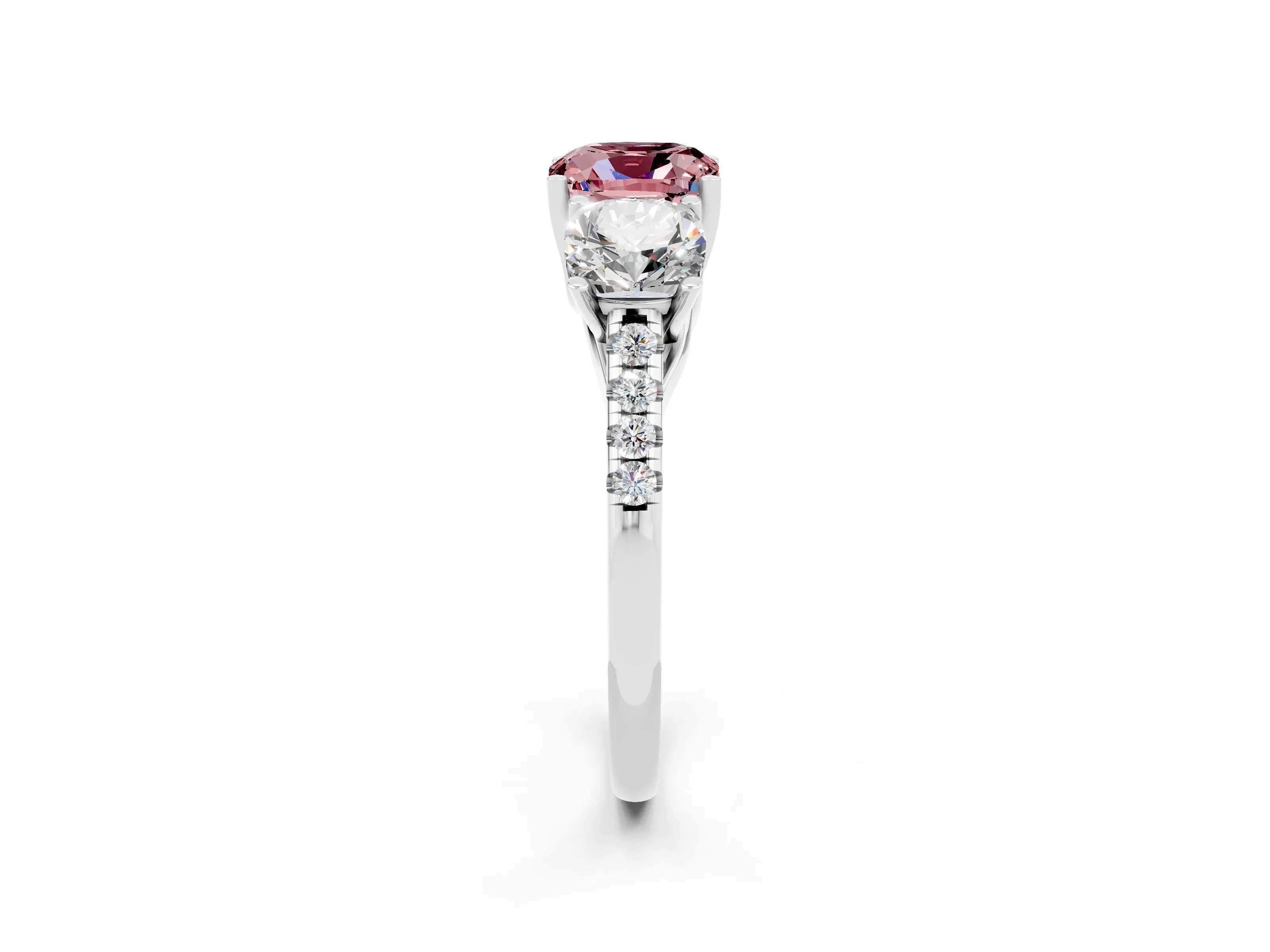 White gold Three-Stone Cushion Cut Morganite Ring with Pavé Band and Prong Setting_14