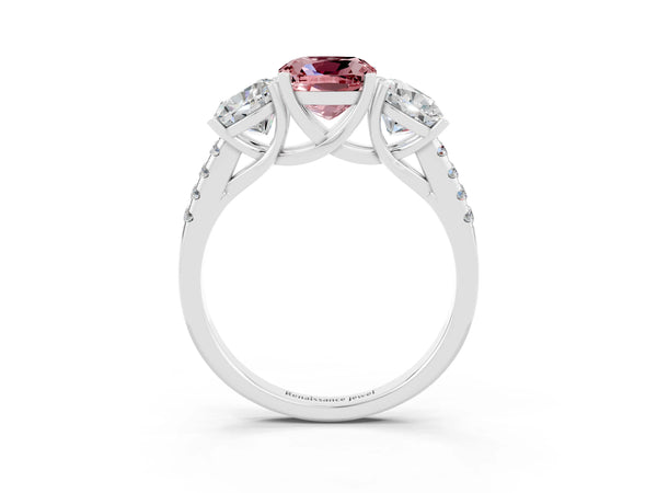White gold Three-Stone Cushion Cut Morganite Ring with Round  Pavé Band and Prong Setting