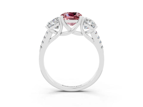 White gold Three-Stone Cushion Cut Morganite Ring with Pavé Band and Prong Setting_15