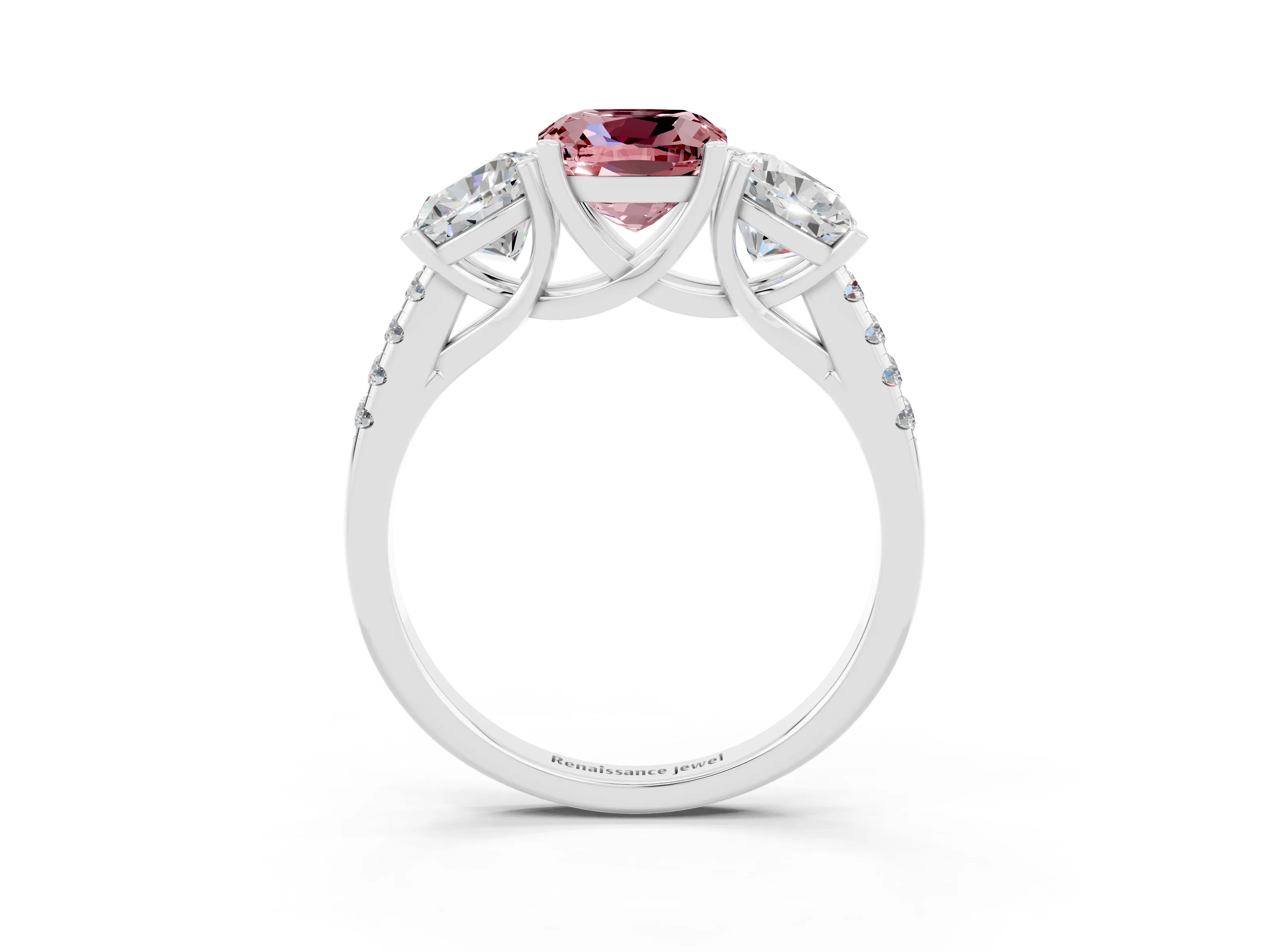 White gold Three-Stone Cushion Cut Morganite Ring with Pavé Band and Prong Setting_15