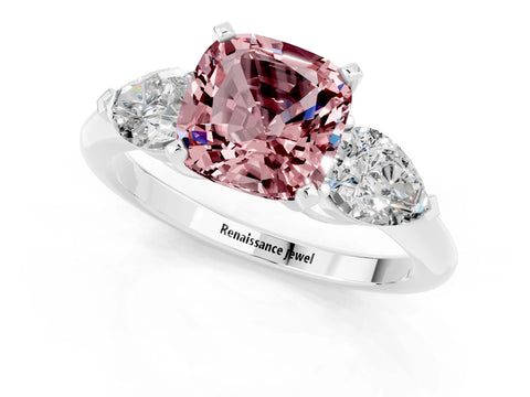 White gold Three-Stone Cushion Cut Morganite Ring with Pear Side Stones and Four-Prong Setting_1