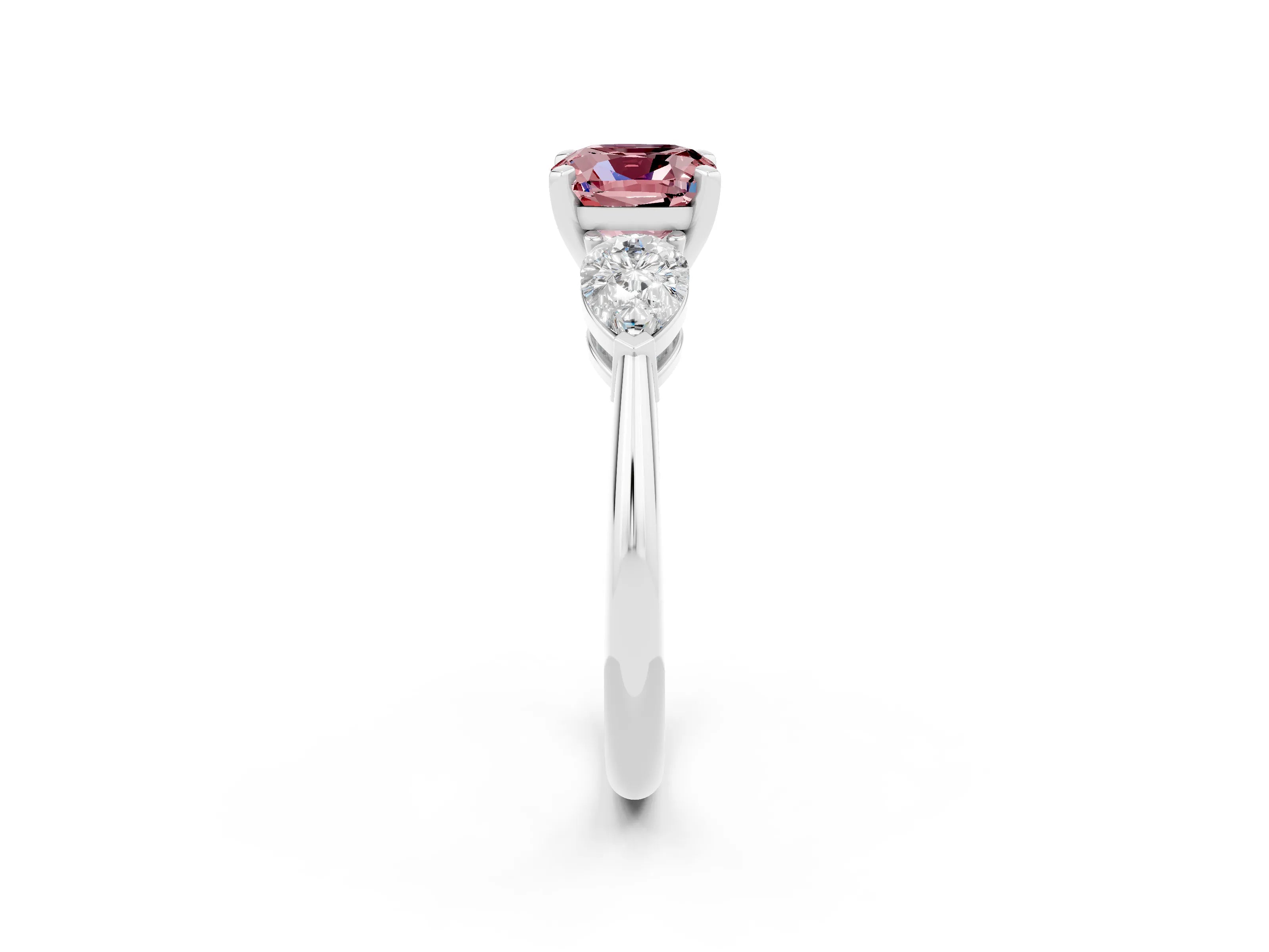 White gold Three-Stone Cushion Cut Morganite Ring with Pear Side Stones and Four-Prong Setting_2