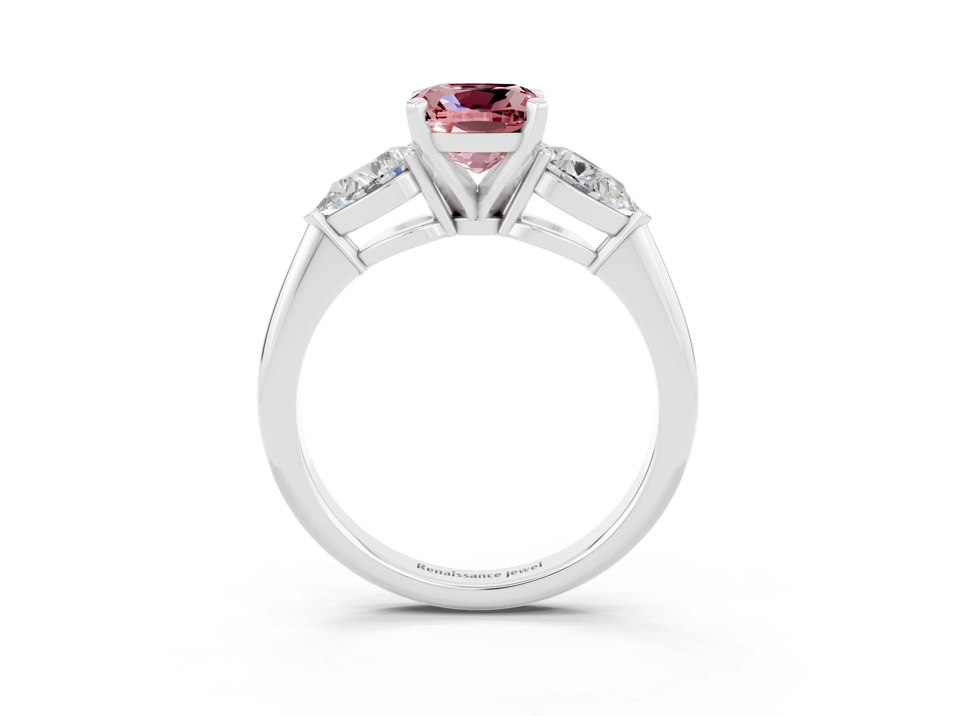 White gold Three-Stone Cushion Cut Morganite Ring with Pear Side Stones and Four-Prong Setting_3