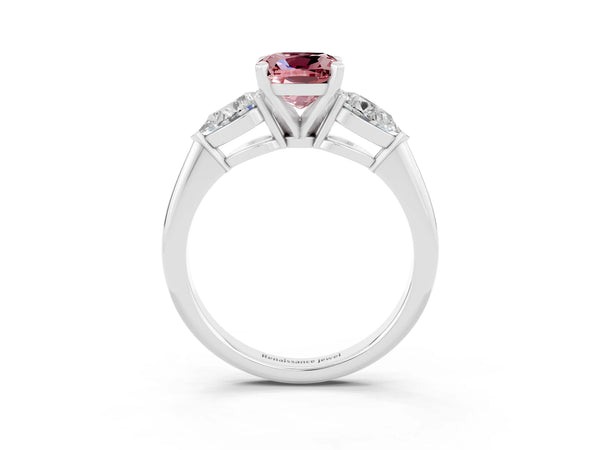 Silver Three-Stone Cushion Cut Morganite Ring with Pear Side Stones and Four-Prong Setting