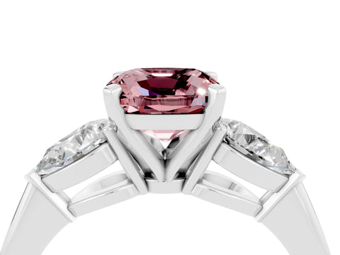 White gold Three-Stone Cushion Cut Morganite Ring with Pear Side Stones and Four-Prong Setting_4