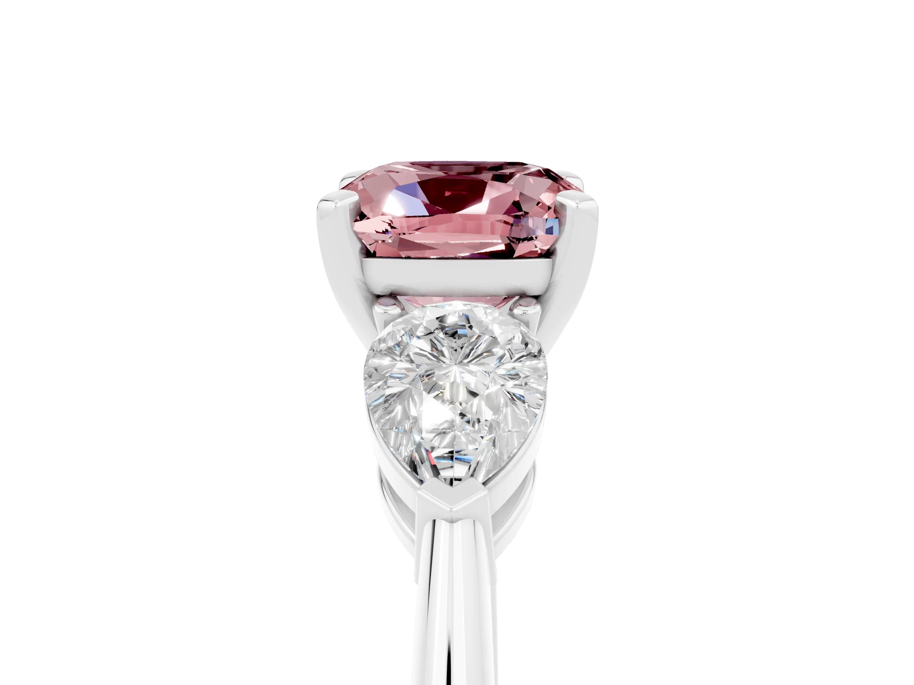White gold Three-Stone Cushion Cut Morganite Ring with Pear Side Stones and Four-Prong Setting_5