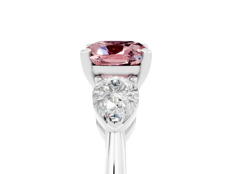 White gold Three-Stone Cushion Cut Morganite Ring with Pear Side Stones and Four-Prong Setting_5