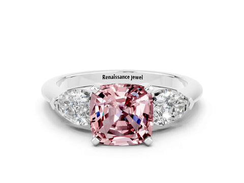 White gold Three-Stone Cushion Cut Morganite Ring with Pear Side Stones and Four-Prong Setting